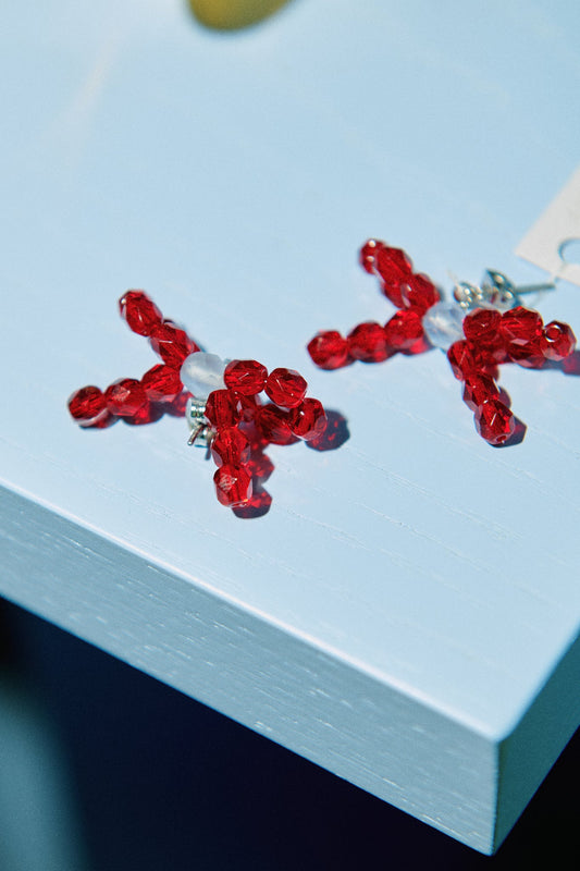 Bow earrings - small red + blue detail